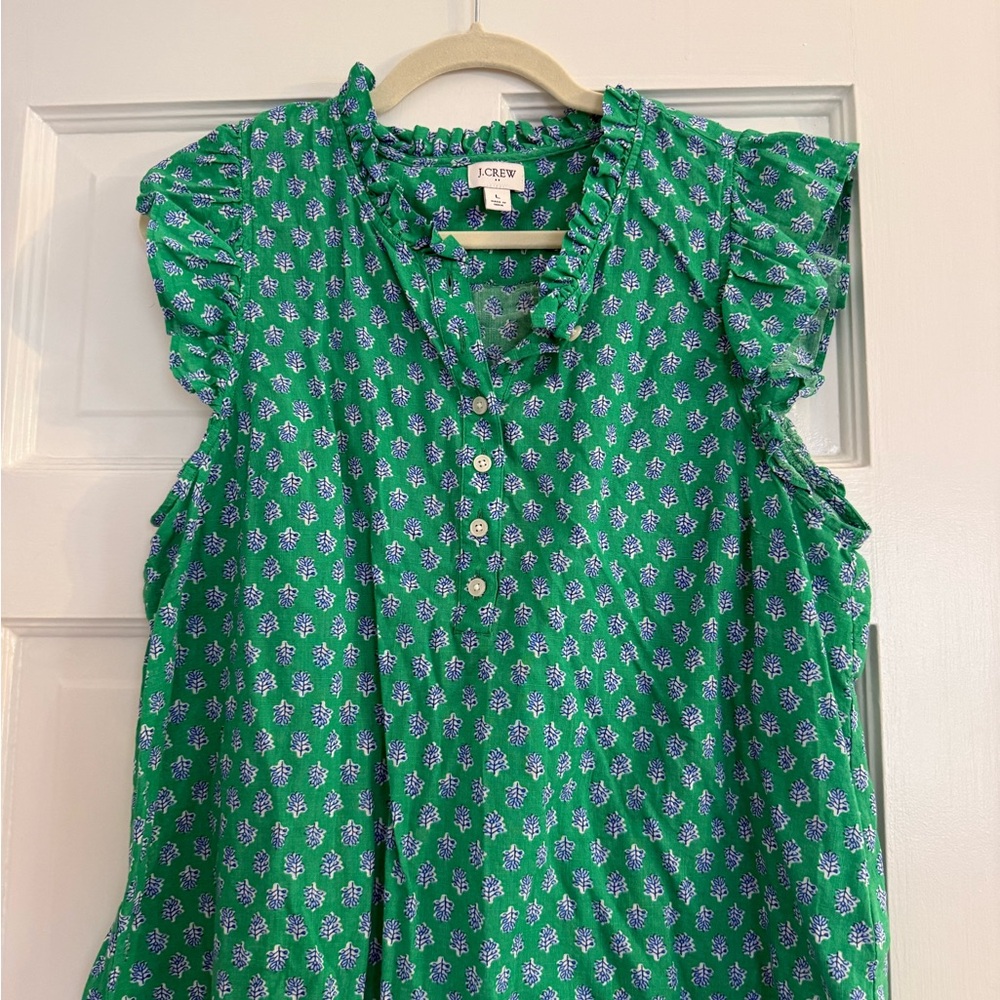 J. Crew Green Floral Ruffle-Sleeve Popover Blouse